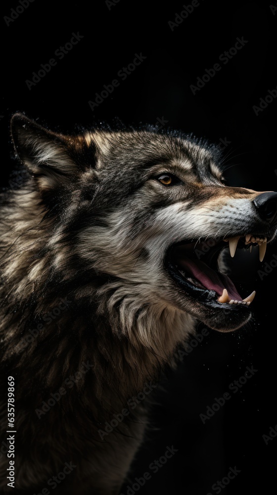 Fototapeta premium Close-up portrait of a wolf howling on a black background