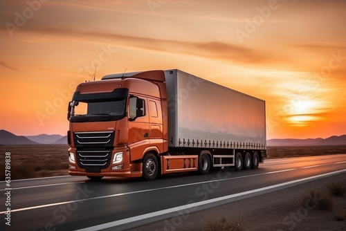 Loaded European truck on motorway in red, orange sunset light. On the road transportation and cargo.