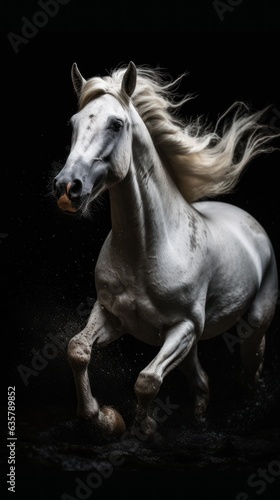 Beautiful white arabian stallion in motion on black background