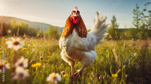 Foto Happy free range chicken in the meadow