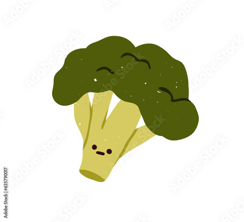 Cute broccoli, neutral expression. Funny food vegetable emoji staring looking with straight face emotion. Unemotional emotionless veggie. Kids flat vector illustration isolated on white background