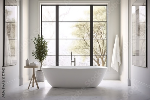 white modern bathroom interior with a freestanding tub and a large window