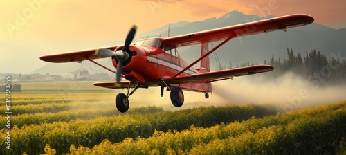 Red crop duster spraying pesticide on crop field. Generative AI technology.
