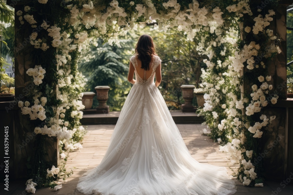 elegant bride before wedding arch in summer elegant bride before wedding arch in summer