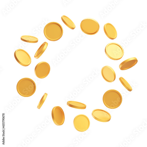 Gold blank rotating coins floating in circle 3D money currency. Finance and investment symbol, game asset, payment sign, gambling or banking realistic vector illustration isolated on white background