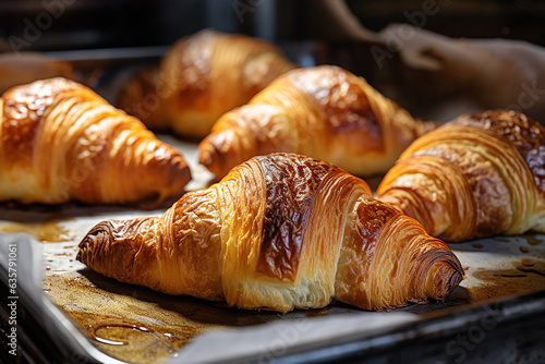 Some ready croissants taken out of the oven