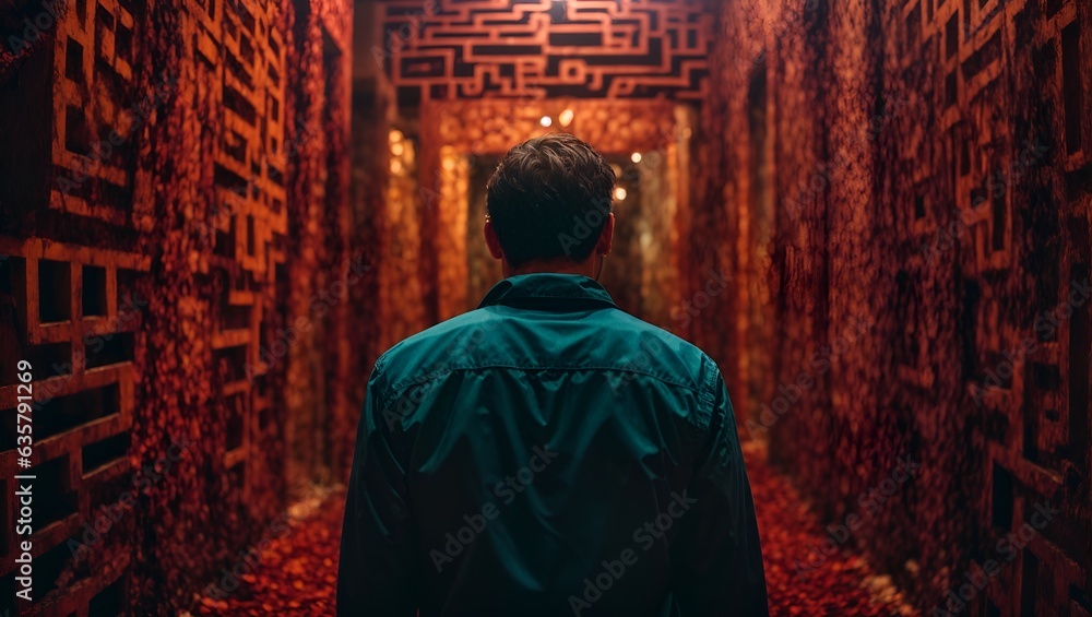 A man navigating through a vibrant green maze A man navigating through a vibrant green maze