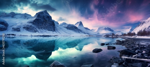 Aurora at snowy mountains landscape background. Generative AI technology.