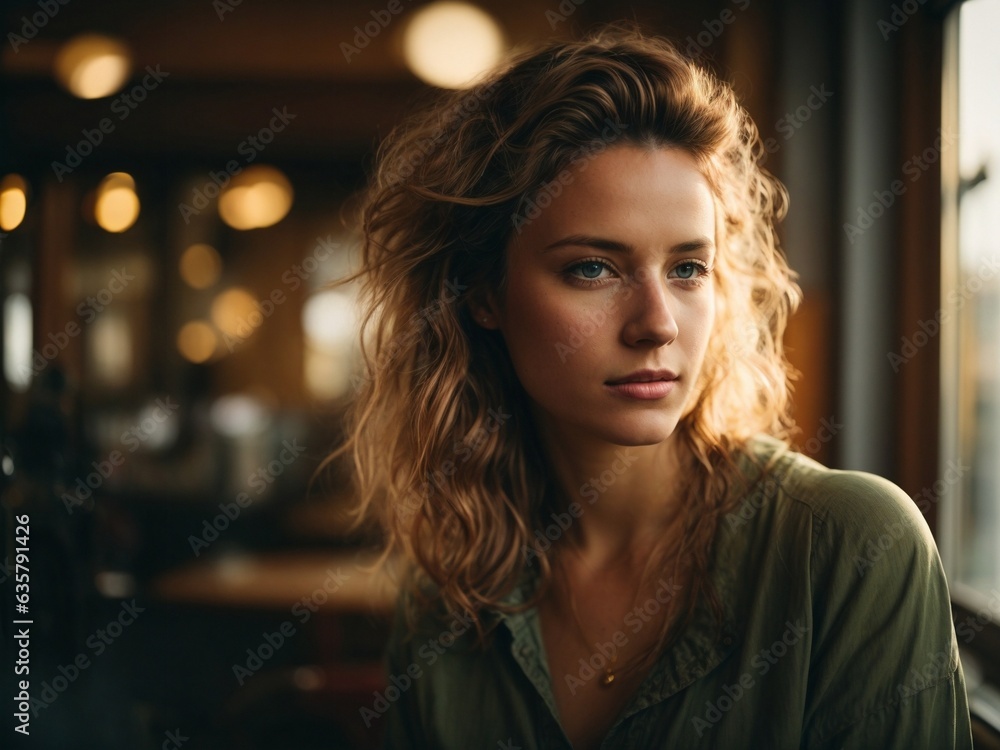 A woman with a contemplative expression gazing out of a window A woman with a contemplative expression gazing out of a window