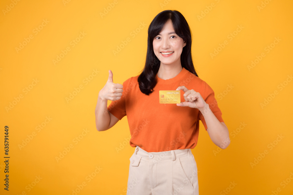 Confident young asian woman 30s holding a credit card, standing isolated on vibrant yellow background. Secure online payment concept Confident young asian woman 30s holding a credit card, standing isolated on vibrant yellow background. Secure online payment concept