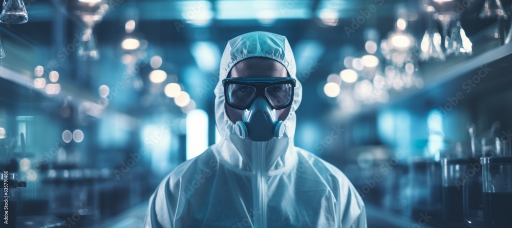 Fototapeta premium Scientist wearing full protective mask working on research at blurred laboratory background. Generative AI technology.