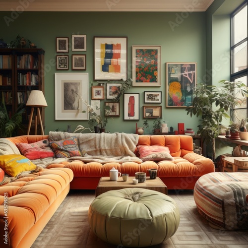 Maximalist and eclectic interior of a large living room with a corner sofa and paintings on the walls. Light yellow and lavender tones.