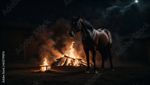 A majestic horse in front of a blazing fire under the night sky