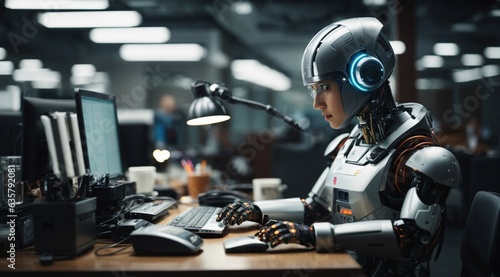 A robot working diligently at a desk, focused on the computer screen