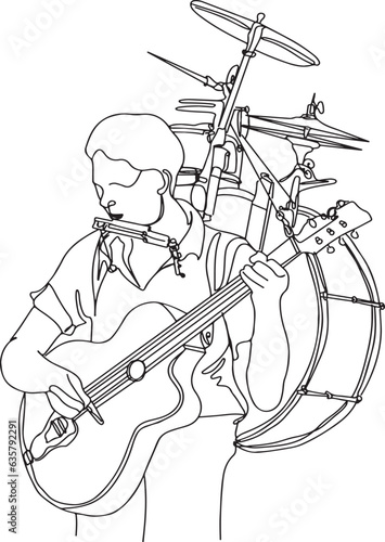 Hand-Drawn Cartoon of a Musical One-Man Band, Cartoon Sketch of a Street Musician Rocking Out,  Hand-Drawn Illustration of a One-Man Band Rockstar, Multi-Instrument Street Musician