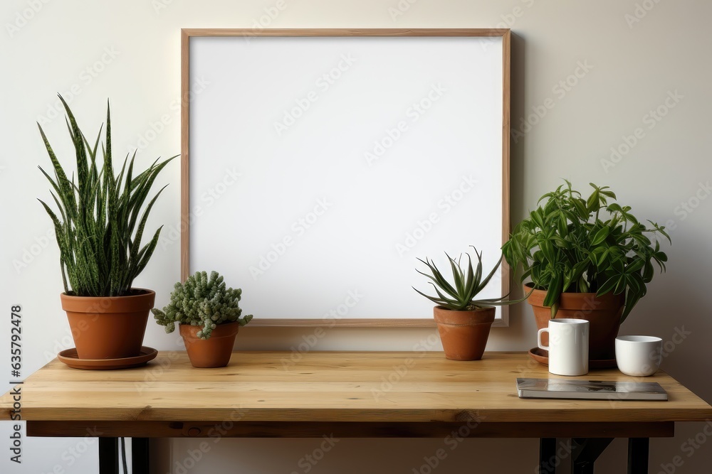 A wood-framed mockup hanging against a white wall, while green plants decorate a nearby table. Photorealistic illustration, Generative AI