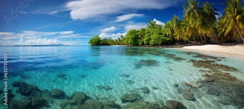 Tropical island beach coast landscape and clear blue sea water. Vacation holidays wallpaper. Generative AI technology.