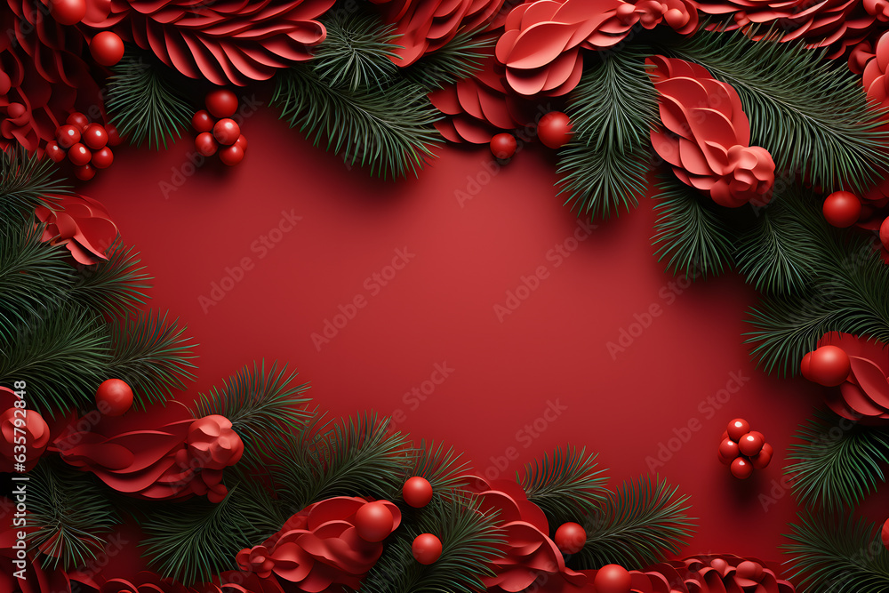 Christmas wreath with red berries decoration on red background, AI generate Christmas wreath with red berries decoration on red background, AI generate