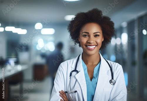 Portrait of smiling Afro female African American doctor standing in hospital. Young female doctor studying wearing white coat and stethoscope at the hospital. Generative ai