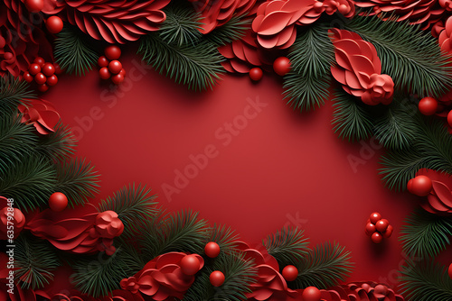 Christmas wreath with red berries decoration on red background  AI generate