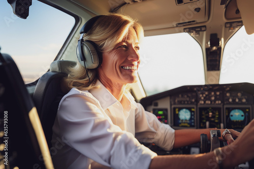 AI generated image of matur woman as pilot of plane