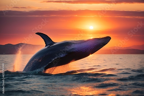A majestic whale leaping out of the water at sunset © Usman