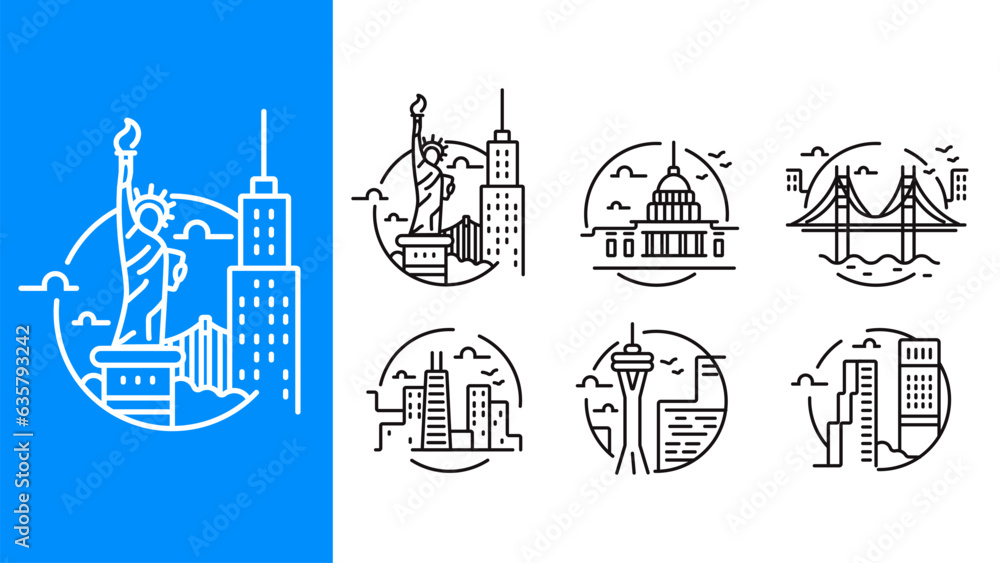 USA city icons, including New York, Chicago, Los Angeles, and San Francisco.