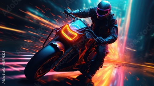Future, Futuristic, Motorcyclist, Rider, Running, Riding, High speed, Beams, Light. ULTRA-FAST MOTORCYCLIST! Ultrasonic racer running at full speed on the road. Light trails express high speed. © Paolo