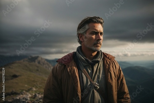 A man standing on top of a mountain under a cloudy sky