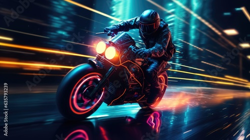 HEADLIGHTS ON! Future, Futuristic, Motorcyclist, Riding, High speed, Beams, Light. Challenge of an hypersonic biker in futuristic race. Flashes of glowing. Black leather rider suit. Shiny road surface