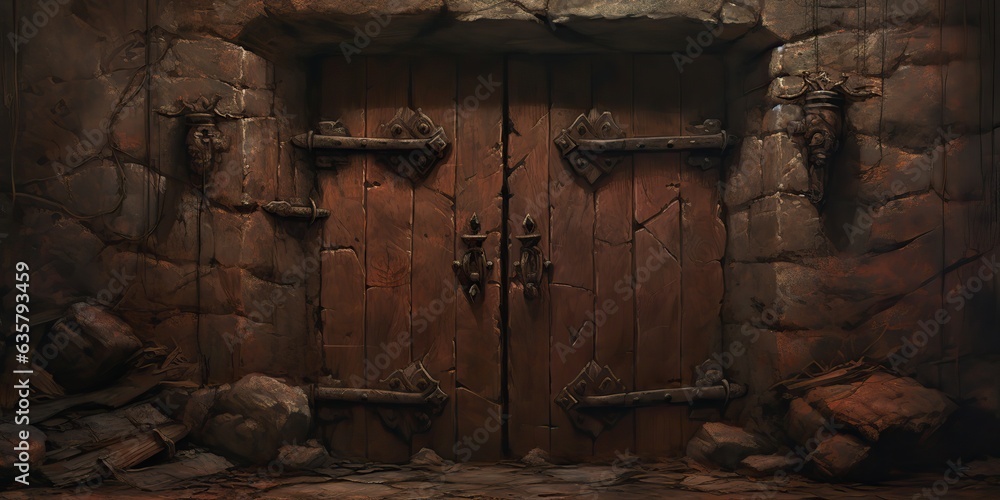 AI Generated. AI Generative. Fantasy cartoon dungeon door entrance exit wooden and metal. Can be used like game concept - obrazy, fototapety, plakaty 