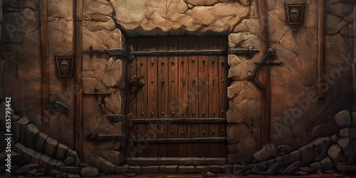 AI Generated. AI Generative. Fantasy cartoon dungeon door entrance exit wooden and metal. Can be used like game concept