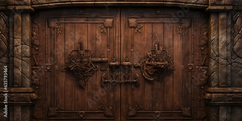 AI Generated. AI Generative. Fantasy cartoon dungeon door entrance exit wooden and metal. Graphic Art