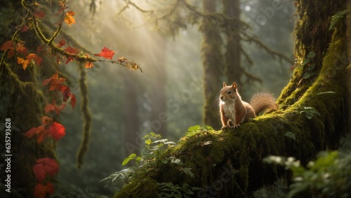 A cute squirrel perched on a lush moss-covered log in a serene forest setting
