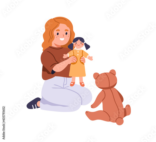 Cute happy girl kid playing with doll, teddy. Funny little kindergarten child during fun game with stuffed plush bear, sitting on floor, smiling. Flat vector illustration isolated on white background