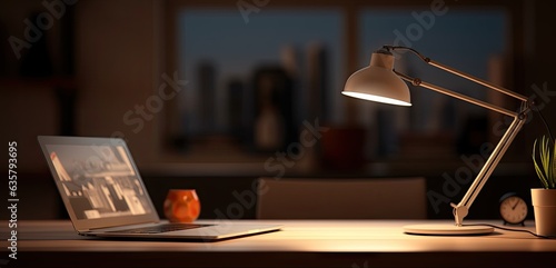 Laptop on wooden table in office. There are stationery and bookcase. Work in dark. Home office with computer and evening glow
