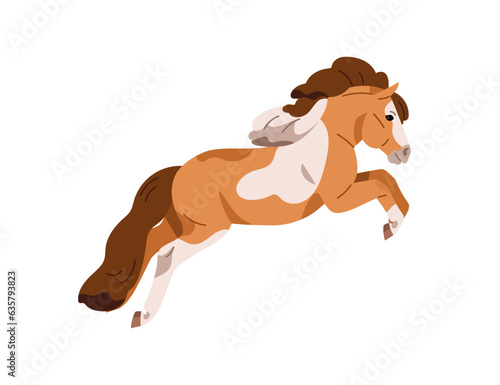 Pony, small little horse breed. Spotted stallion foal running, jumping. Trained equine animal in fast motion, action, movement, leap. Flat graphic vector illustration isolated on white background