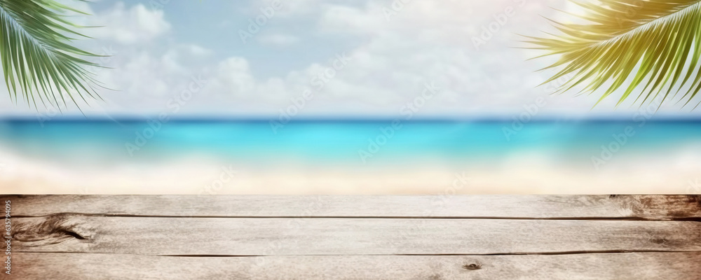 Wooden planks on background of white sand ocean beach and sunny sky. Copy space Wooden planks on background of white sand ocean beach and sunny sky. Copy space