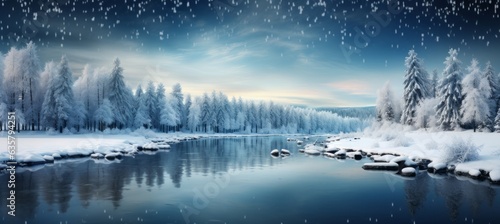 Snowflakes fall on winter forest and river background. Generative AI technology.