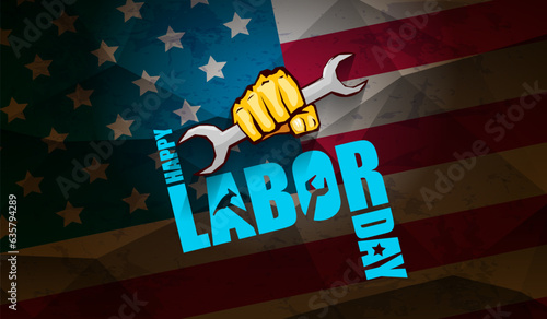 labor day Usa vector label or horizontal background. vector happy labor day poster or horizontal banner with clenched fist isolated on usa flag background . Labor union icon