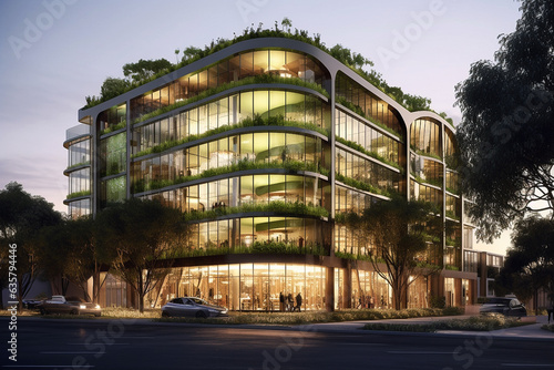 Green architecture real estate. Eco-friendly future housing and business concept art. Generative AI.