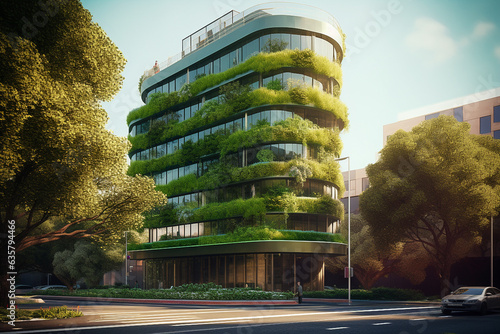 Green architecture real estate. Eco-friendly future housing and business concept art. Generative AI.