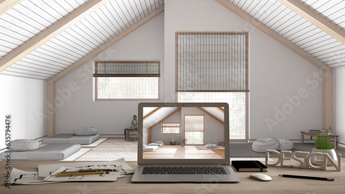 Architect designer desktop concept, laptop on wooden work desk with screen showing interior design project, blueprint draft background, minimal meditation room