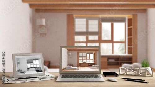 Wallpaper Mural Architect designer desktop concept, laptop and tablet on wooden desk with screen showing interior design project and CAD sketch, blurred draft in the background, meditation room Torontodigital.ca