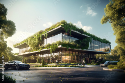 Green architecture real estate. Eco-friendly future housing and business concept art. Generative AI.