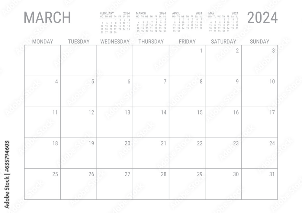 March Calendar 2024 Monthly Planner Printable A4 Monday Start Stock