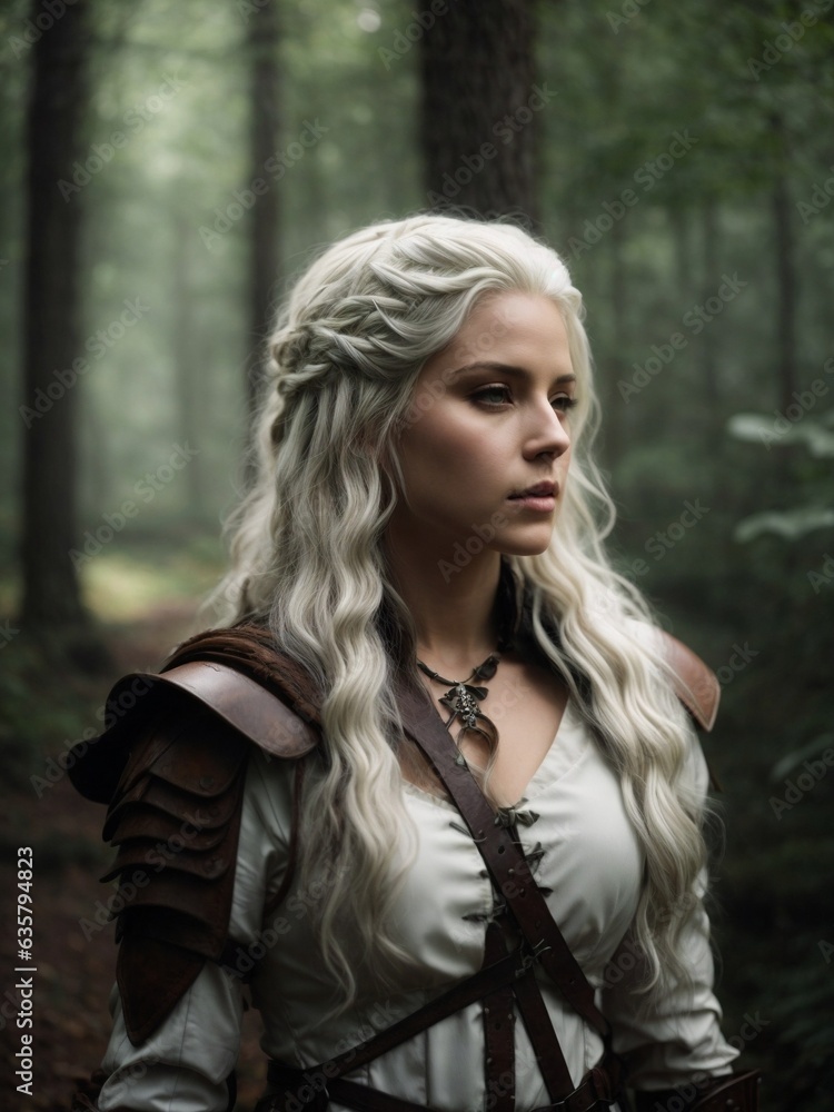 Naklejka premium A mysterious woman with flowing white hair in a serene forest setting