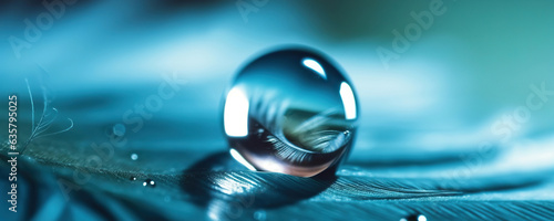 Round water droplet on blue feather. Macro world. Copy space