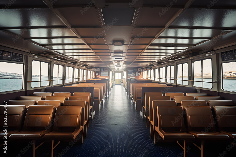 Empty wooden beige seats on ferry desk standing in rows. Travelling and voyage concept.