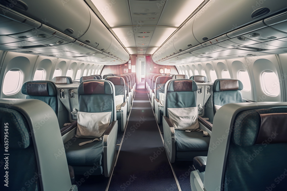 Interior of empty modern aircraft with blue seats and long aisle with sunlight indoor. Comfortable airplane inside view.